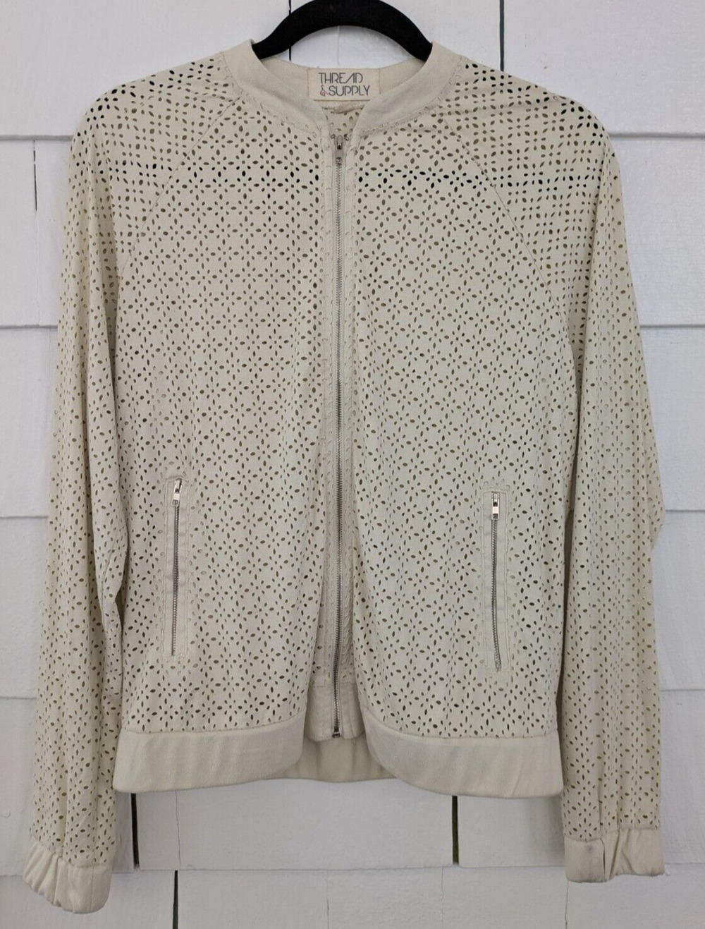 Thread & Supply Women's Small Perforated Geo Laser Cut Full Zip Jacket Off White